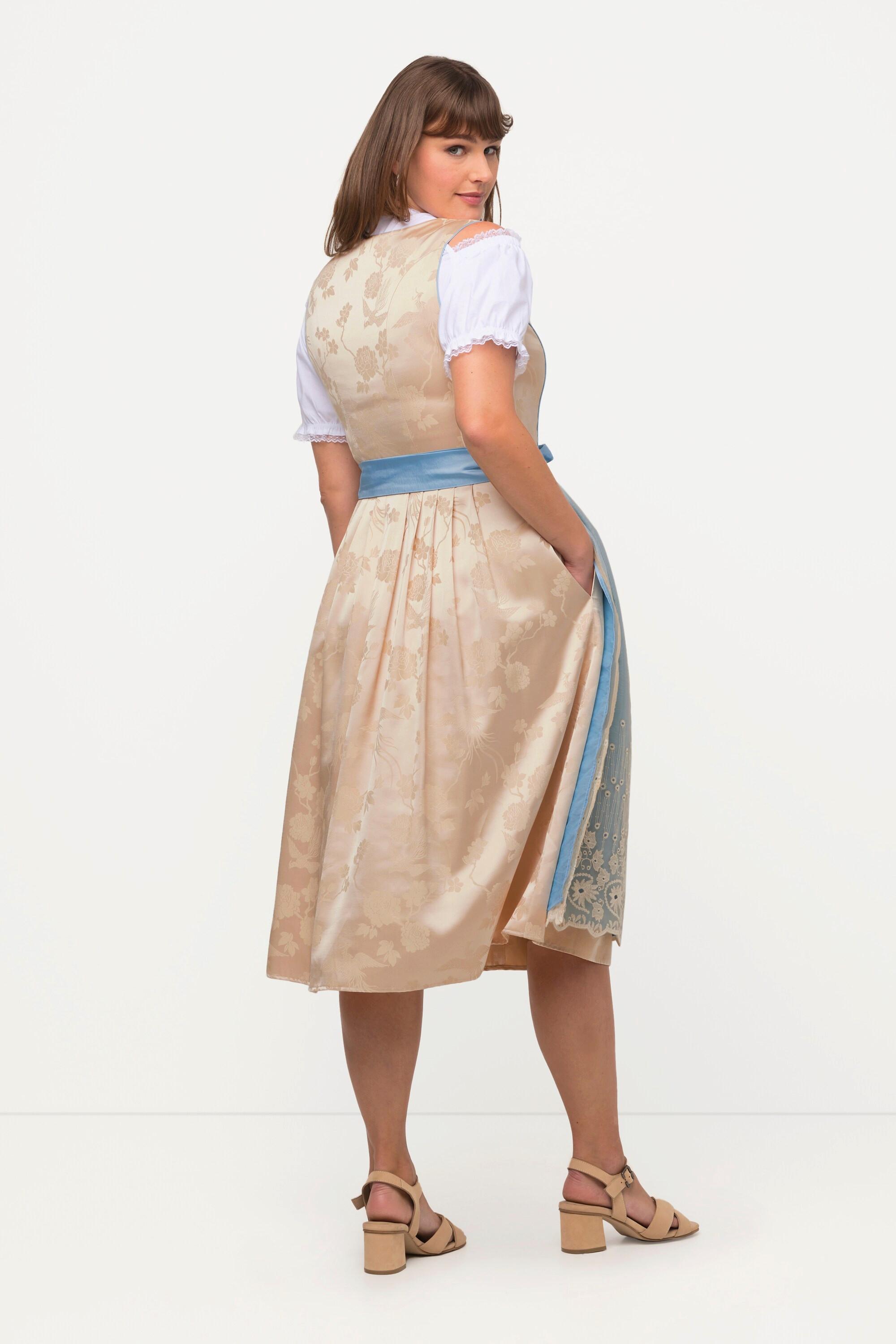 Ulla Popken Dirndl Goldbrokat Stickerei Carree-Ausschnitt Ärmellos  