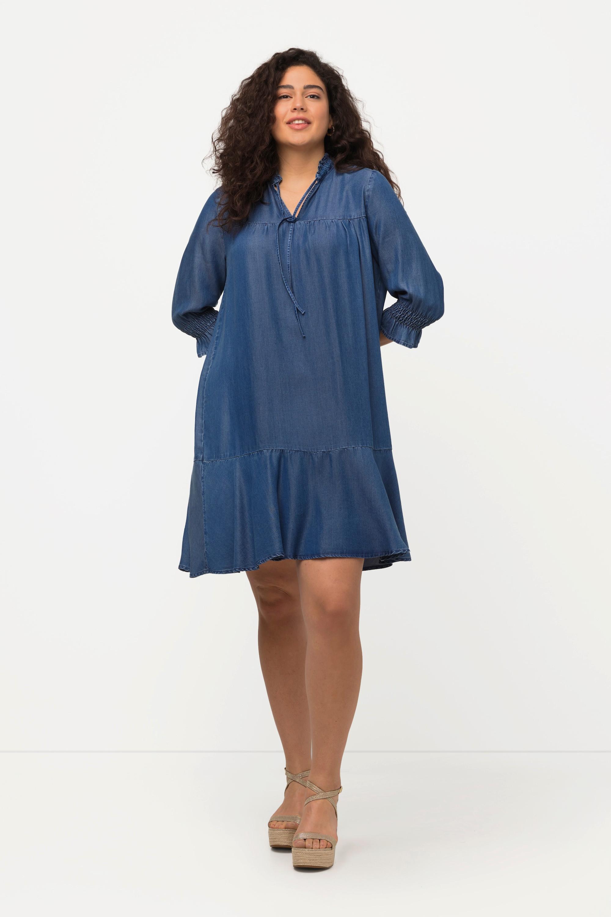 Ulla Popken Robe Lyocell Aspect Jean Col Tunique Manches 3/4  