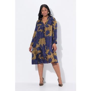 Abito dal taglio svasato con Cupro, design floreale, scollo a V e maniche lunghe