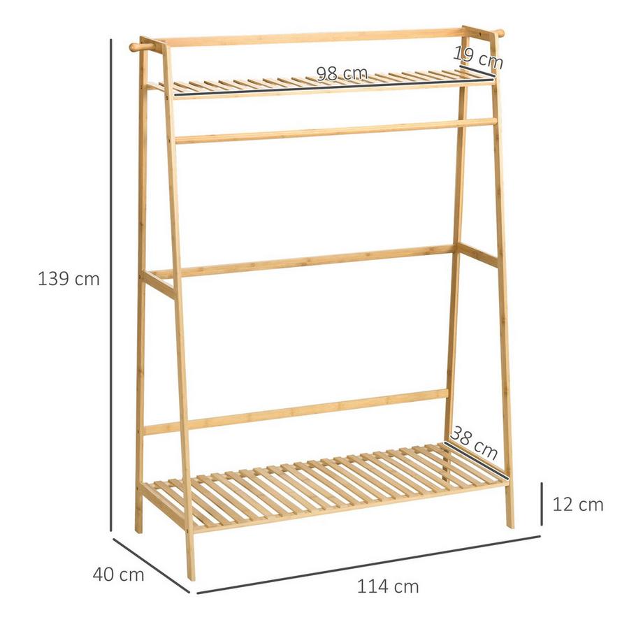 Northio  Kleiderständer Garderobe mit 2 Regalen, 2 Haken und 1 Kleiderstange aus Bambus - Maße 114L x 40B x 139H cm Naturholz 