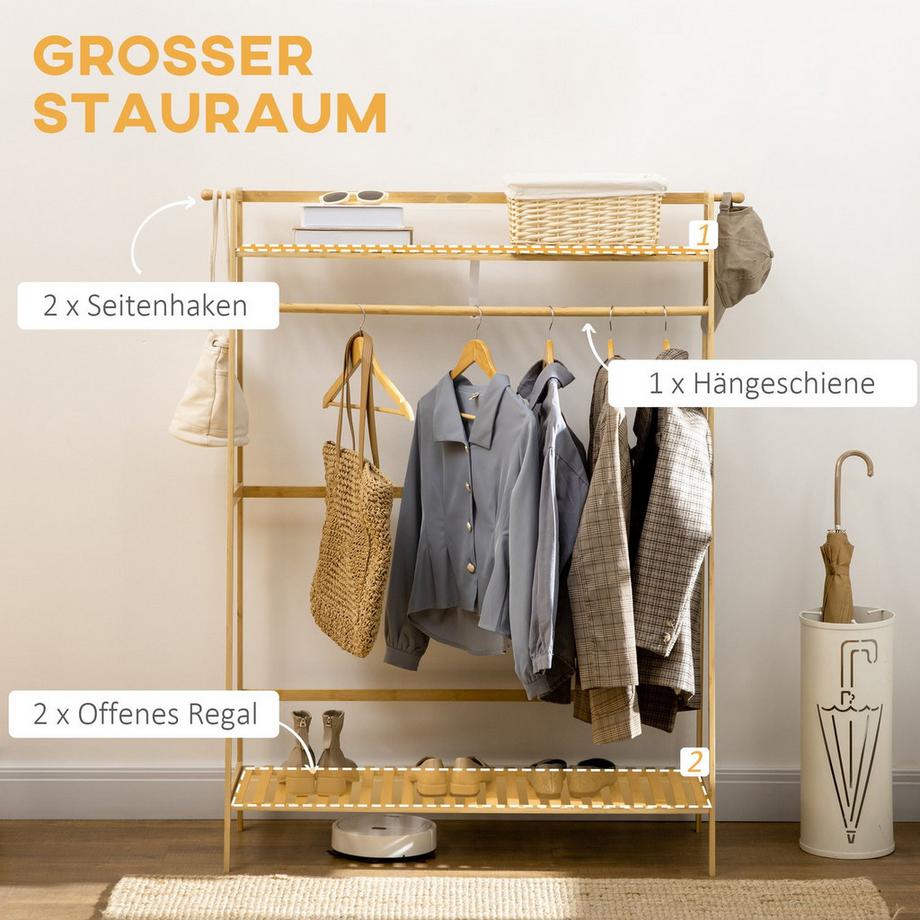 Northio  Kleiderständer Garderobe mit 2 Regalen, 2 Haken und 1 Kleiderstange aus Bambus - Maße 114L x 40B x 139H cm Naturholz 
