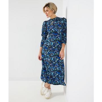 Florales Jerseykleid im Vintage-Stil mit hohem Kragen und Rüschen