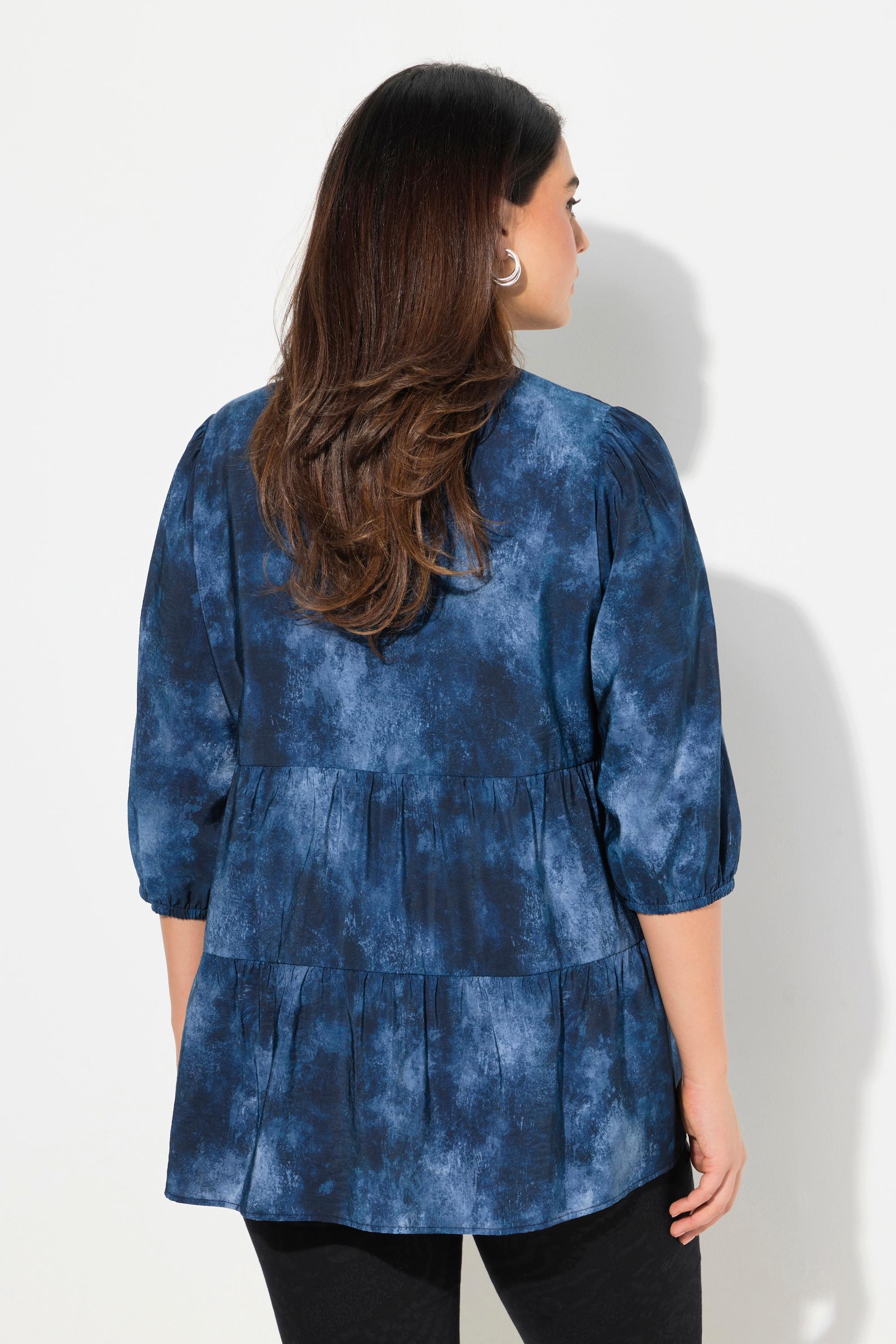 Ulla Popken Blusa Stampa Batik Linea ad A Scollo a V Maniche Lunghe  