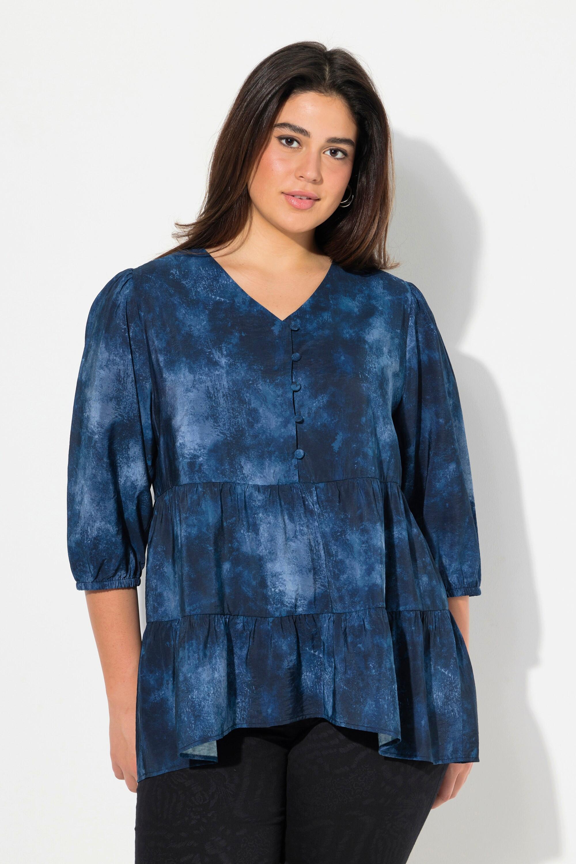 Ulla Popken  Bluse, Batikdruck, A-Linie, V-Ausschnitt, Langarm 