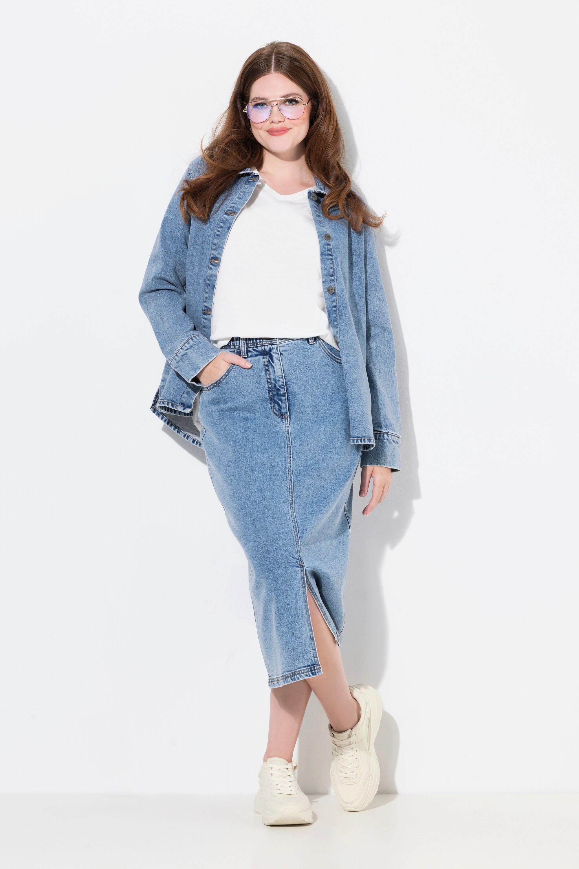 Ulla Popken  Jupe en jean, taille confort, coupe 5 poches, coton biologique 