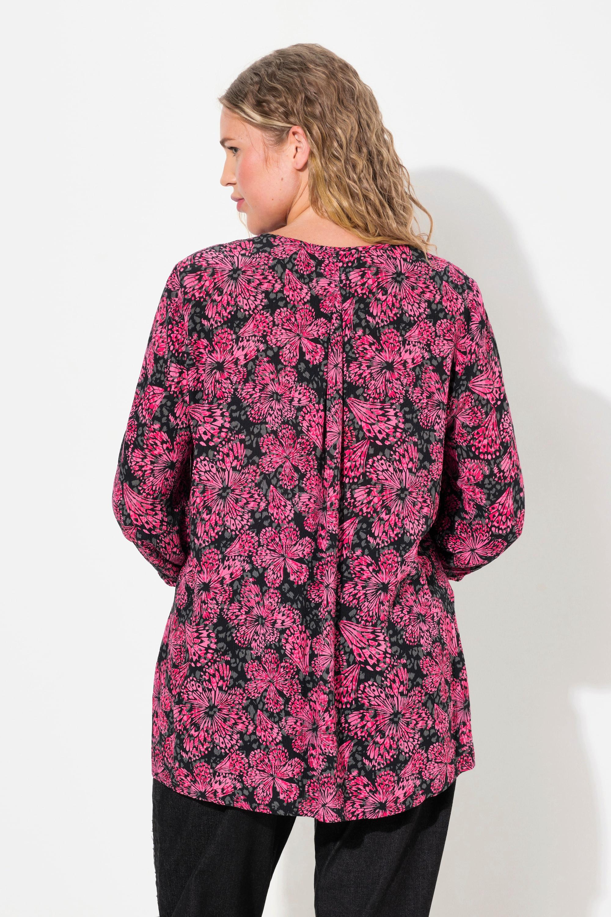 Ulla Popken  Blouse smockée, imprimé floral, col rond et manches 3/4 