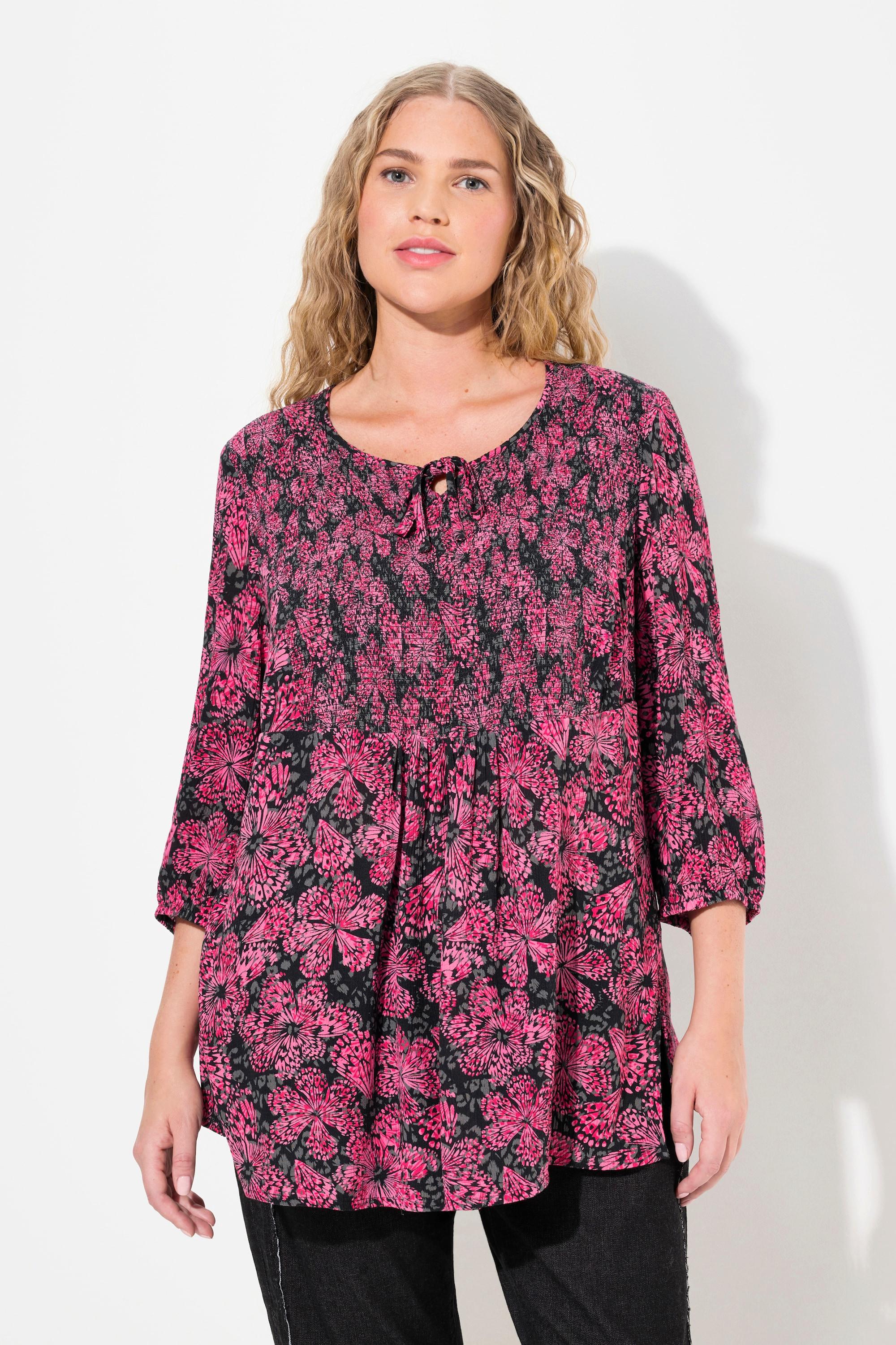 Ulla Popken  Blouse smockée, imprimé floral, col rond et manches 3/4 