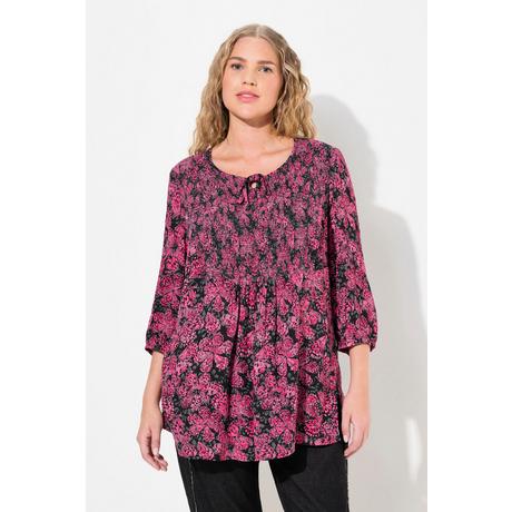 Ulla Popken  Blouse smockée, imprimé floral, col rond et manches 3/4 