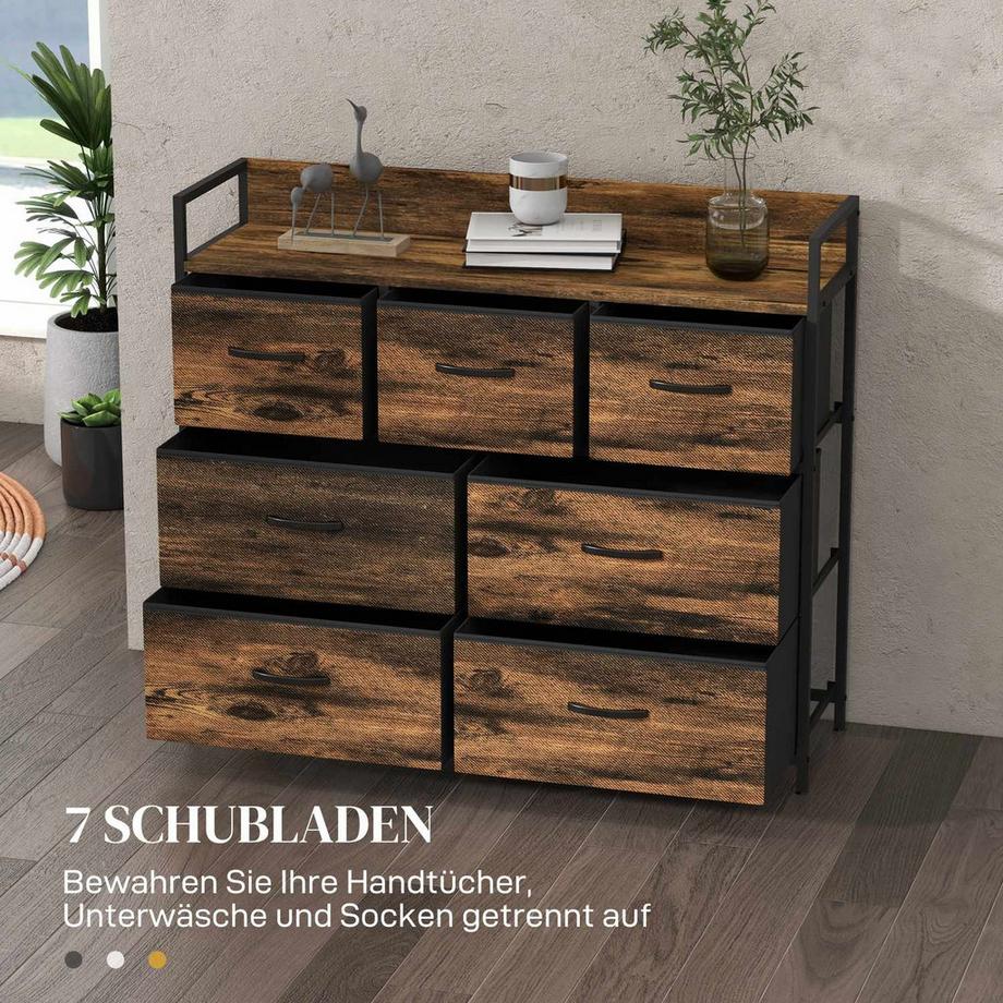 Northio  Kommode Sideboard 7 Stoff Schubladen Griff Regal Aufbewahrungsschrank Stahlrahmen Industrie-Stil Schlafzimmer Rustikal-Braun 
