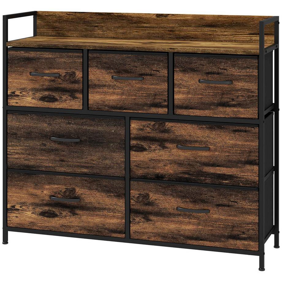 Northio  Kommode Sideboard 7 Stoff Schubladen Griff Regal Aufbewahrungsschrank Stahlrahmen Industrie-Stil Schlafzimmer Rustikal-Braun 