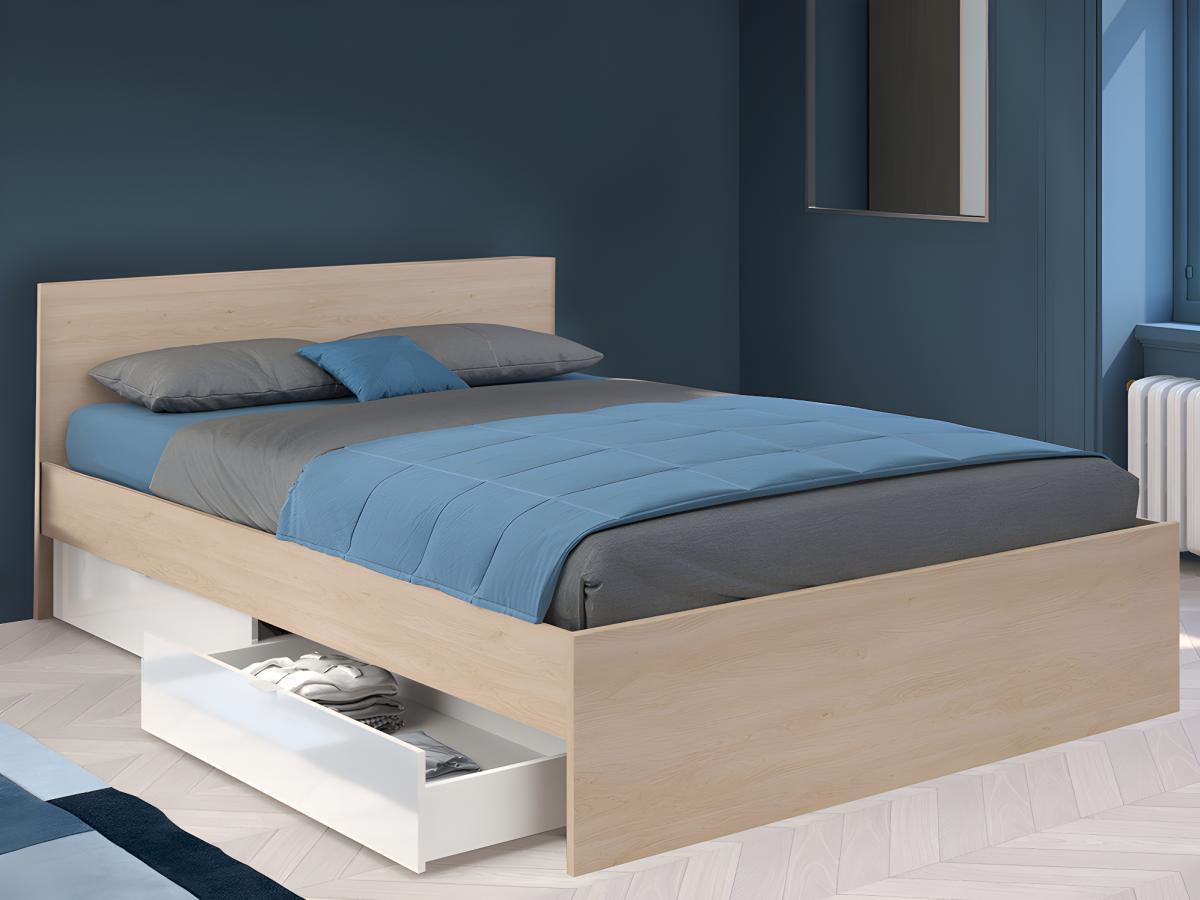 Vente-unique Letto con 2 cassetti 160 x 200 cm Naturale e Bianco lucido + Rete - VELONA  