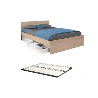 Vente-unique Letto con 2 cassetti 160 x 200 cm Naturale e Bianco lucido + Rete - VELONA  