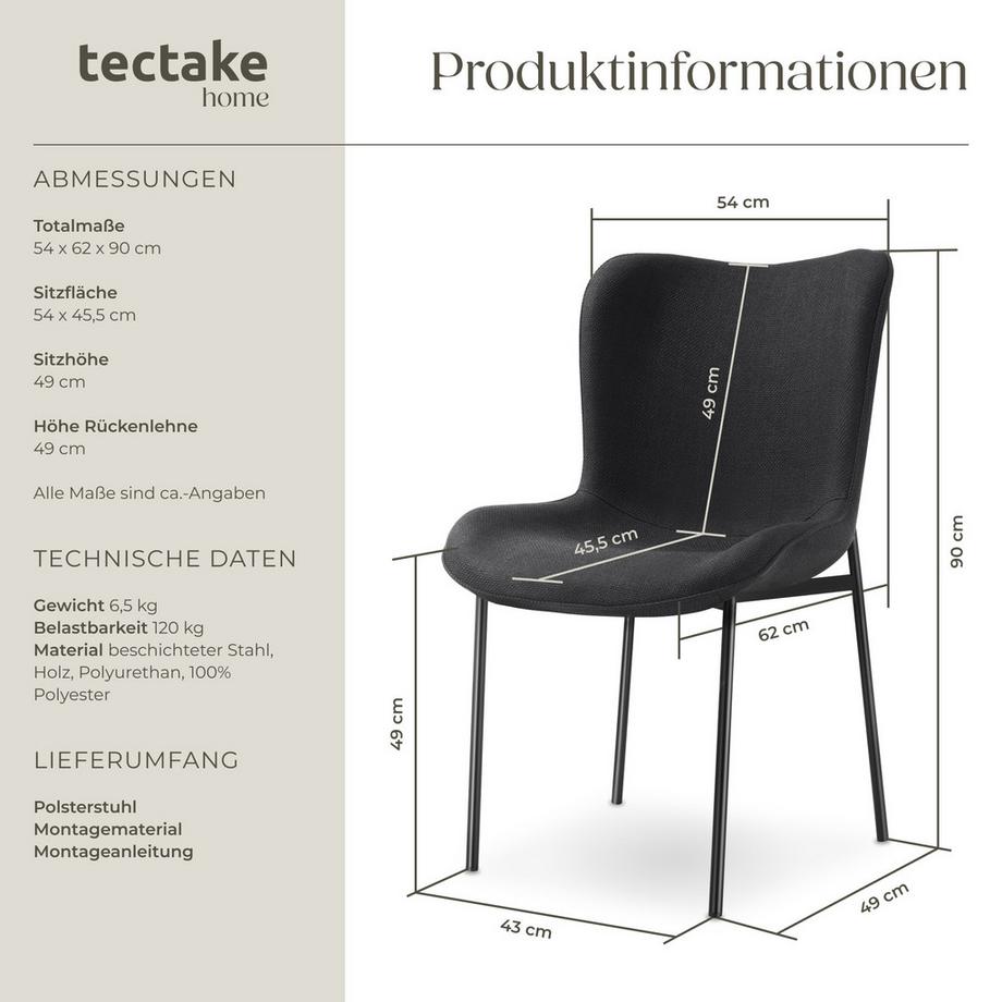 Tectake Chaise rembourrée TESSA forme ergonomique avec dossier haut  