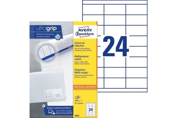 Avery-Zweckform AVERY ZWECKFORM Etiketten 70×33,8mm 3664 weiss 2400 Stk./100 Blatt  