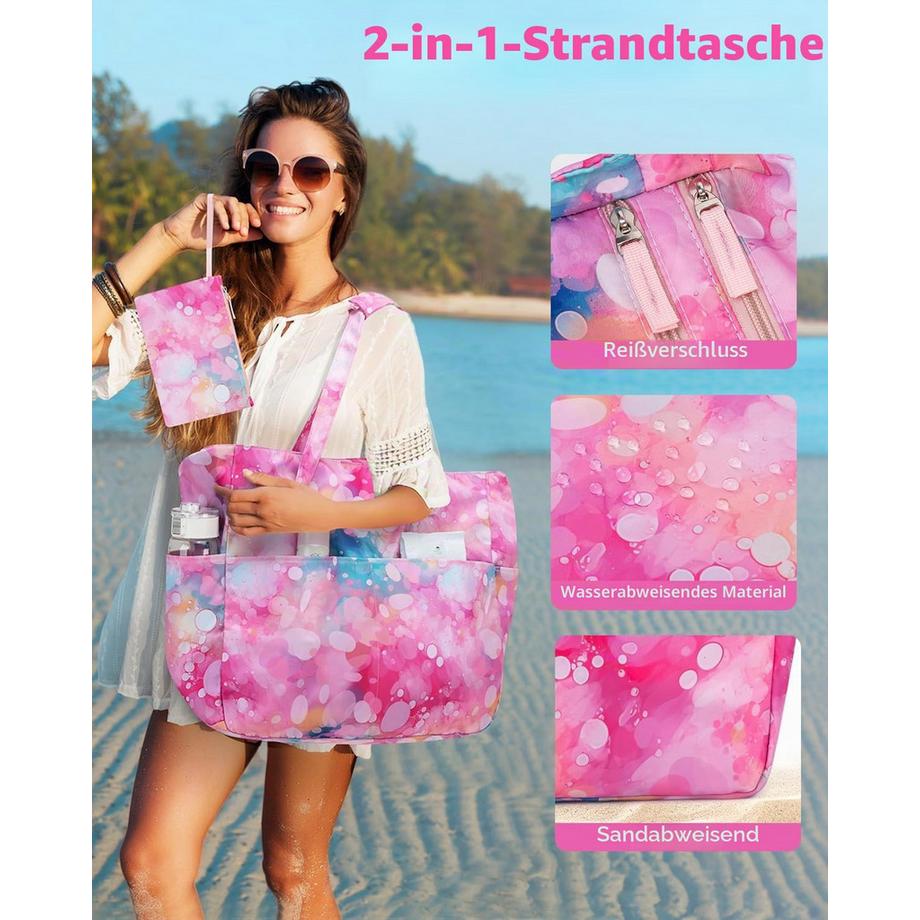 Only-bags.store Grosse Strandtasche mit Reissverschluss und Nassfach fürs Schwimmen  