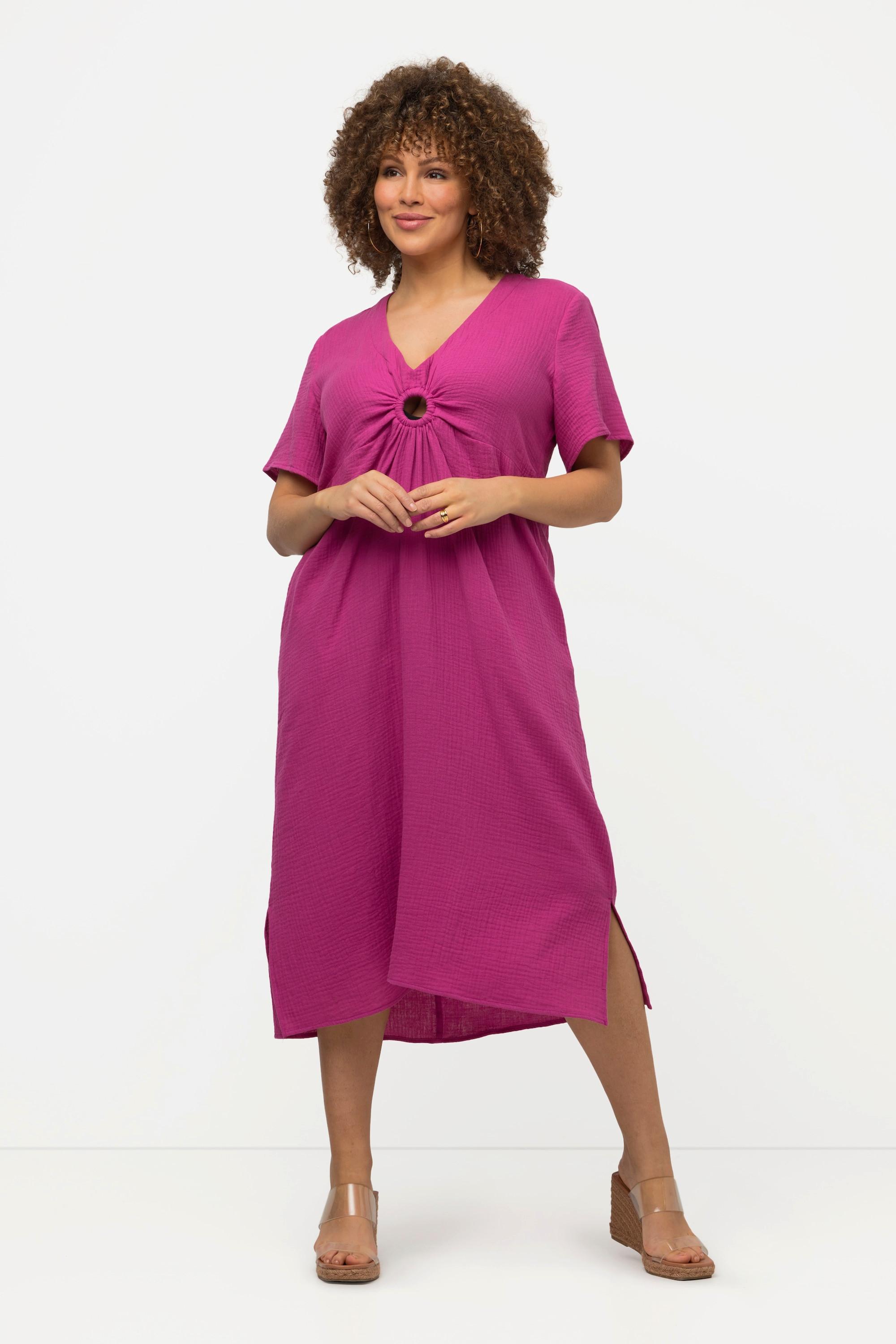 Ulla Popken Robe Midi Mousseline Silhouette A Décolleté V Manches Courtes  