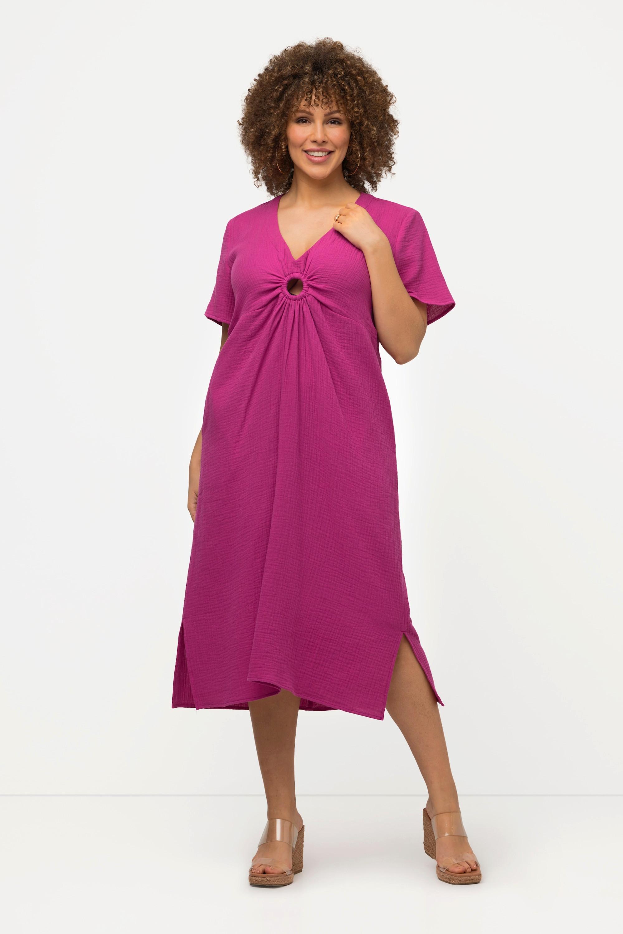 Ulla Popken Robe Midi Mousseline Silhouette A Décolleté V Manches Courtes  