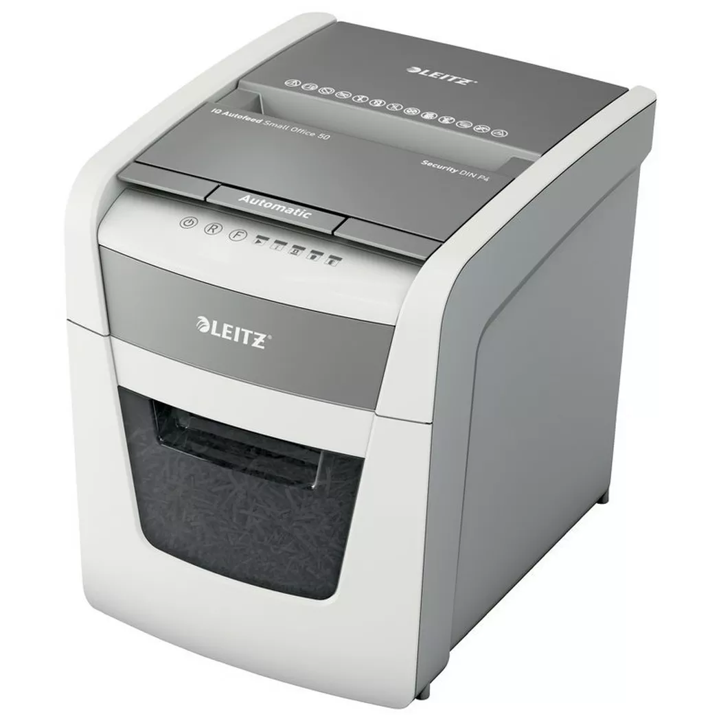 Leitz – Aktenvernichter IQ AF 80352000 Small Office 50, P-4, 20lt, Weiss Bunt