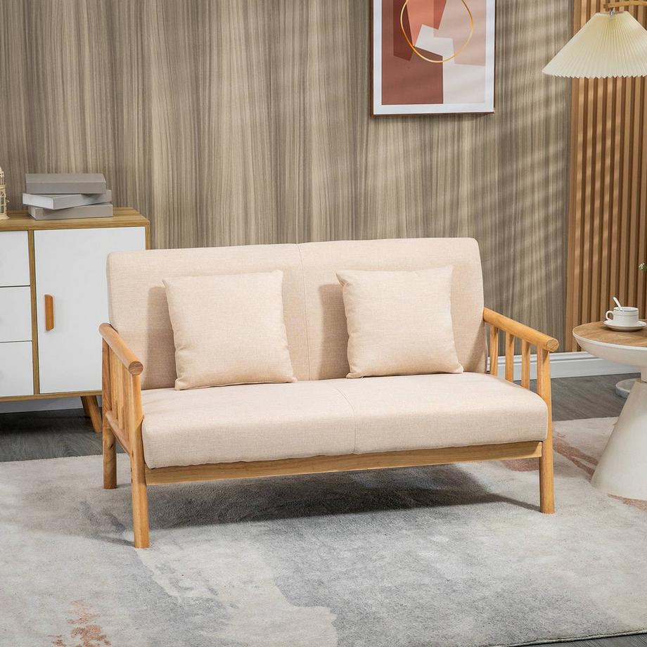 Northio 2 Sitzer Sofa Couch 2 Lendenkissen Gepolstert Holzrahmen Leinenoptik Doppelsofa Kleine Räume Beige  