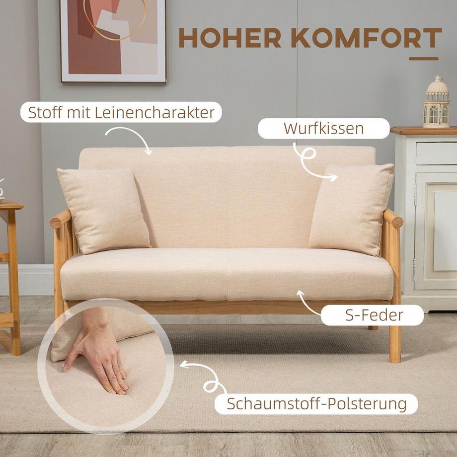Northio 2 Sitzer Sofa Couch 2 Lendenkissen Gepolstert Holzrahmen Leinenoptik Doppelsofa Kleine Räume Beige  