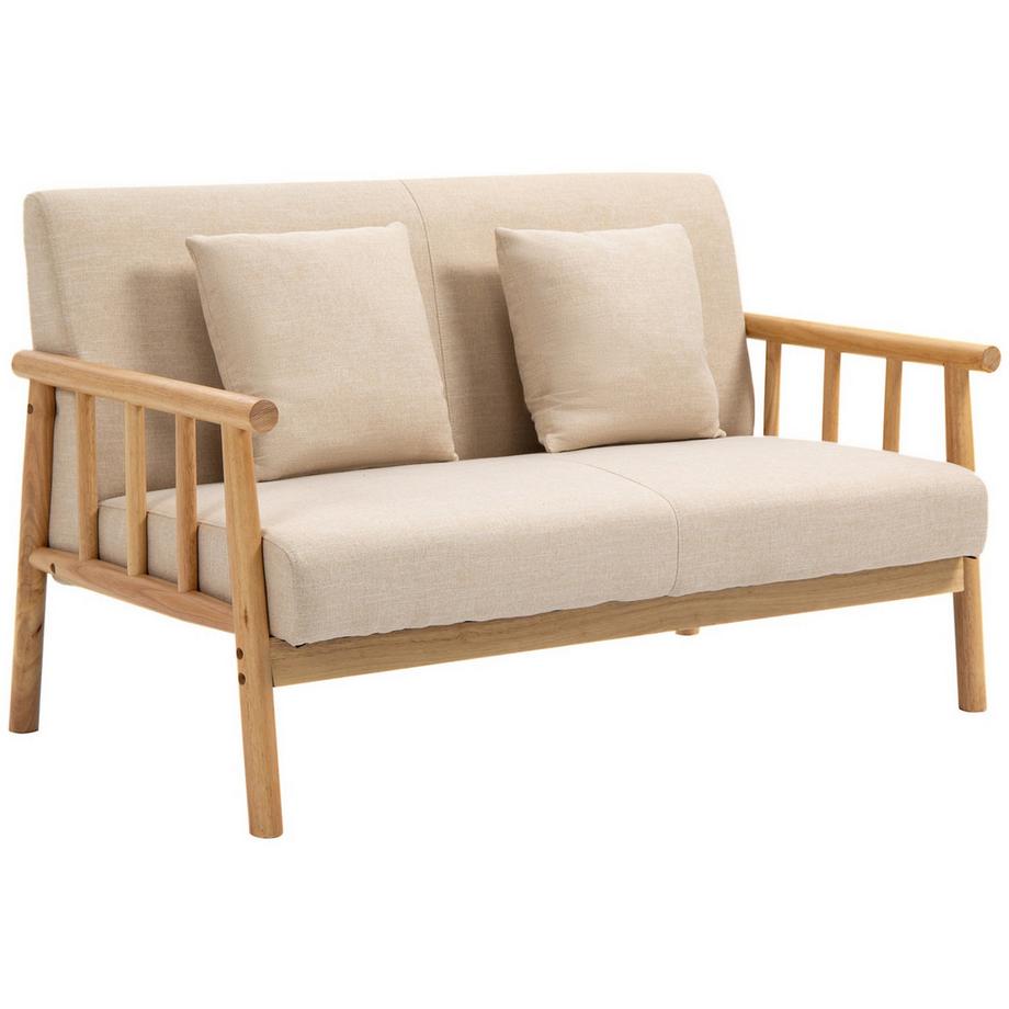 2 Sitzer Sofa Couch 2 Lendenkissen Gepolstert Holzrahmen Leinenoptik Doppelsofa Kleine Räume Beige