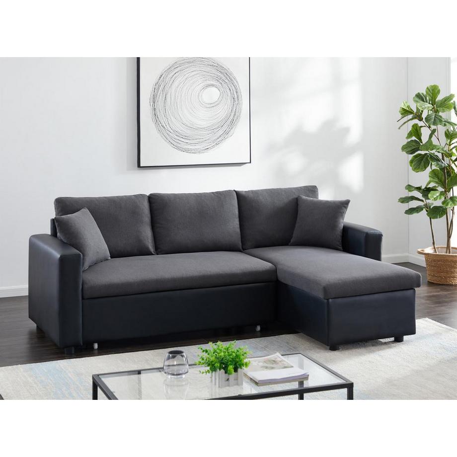 Vente-unique Ecksofa mit Schlaffunktion GAZUR - Stoff & Kunstleder - Ecke wechselbar - Anthrazit & Schwarz  