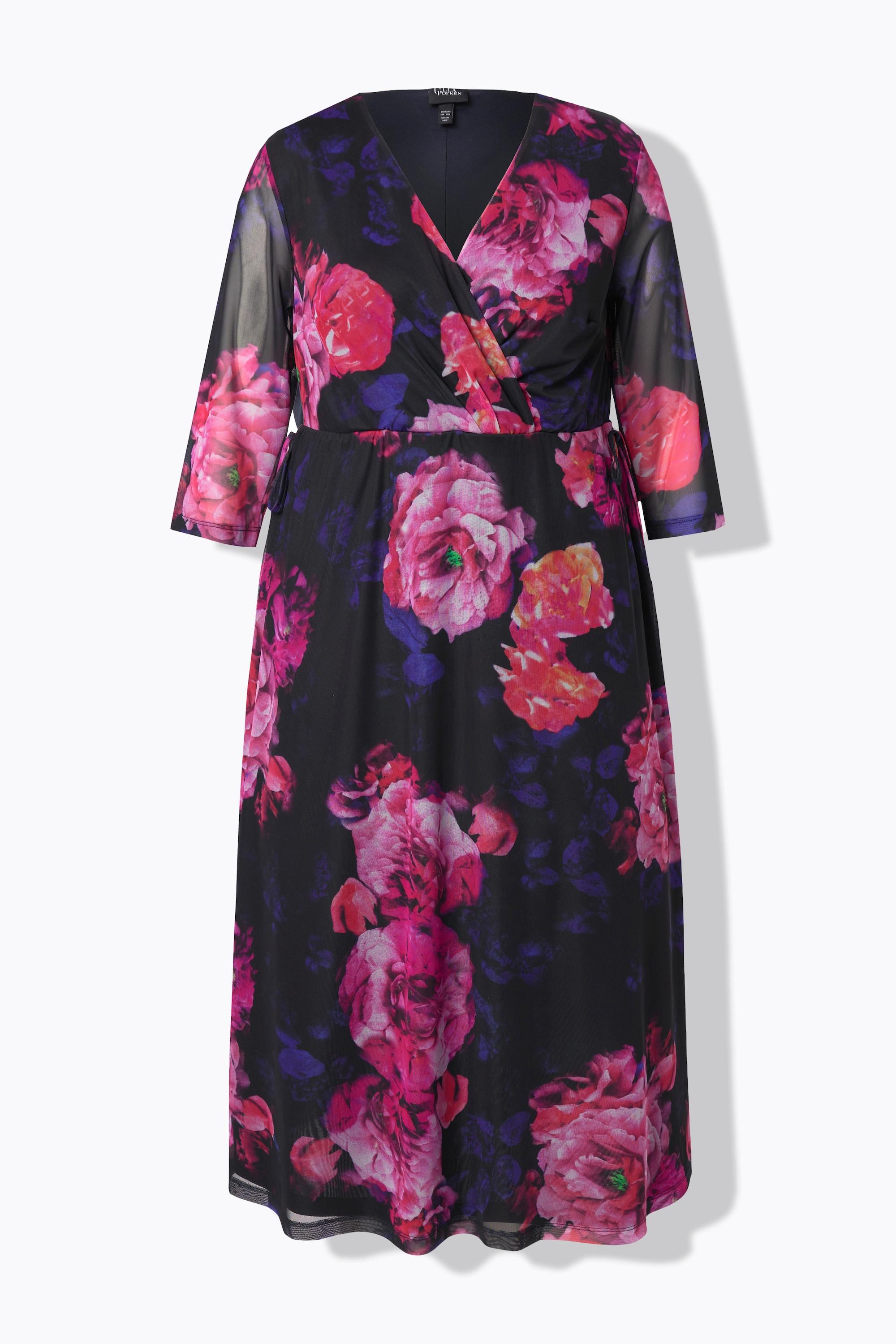 Ulla Popken  Robe maxi en mesh, motif floral, décolleté en V et manches courtes chauve-souris 