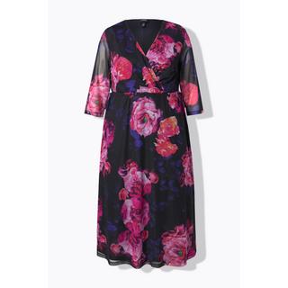 Ulla Popken  Robe maxi en mesh, motif floral, décolleté en V et manches courtes chauve-souris 