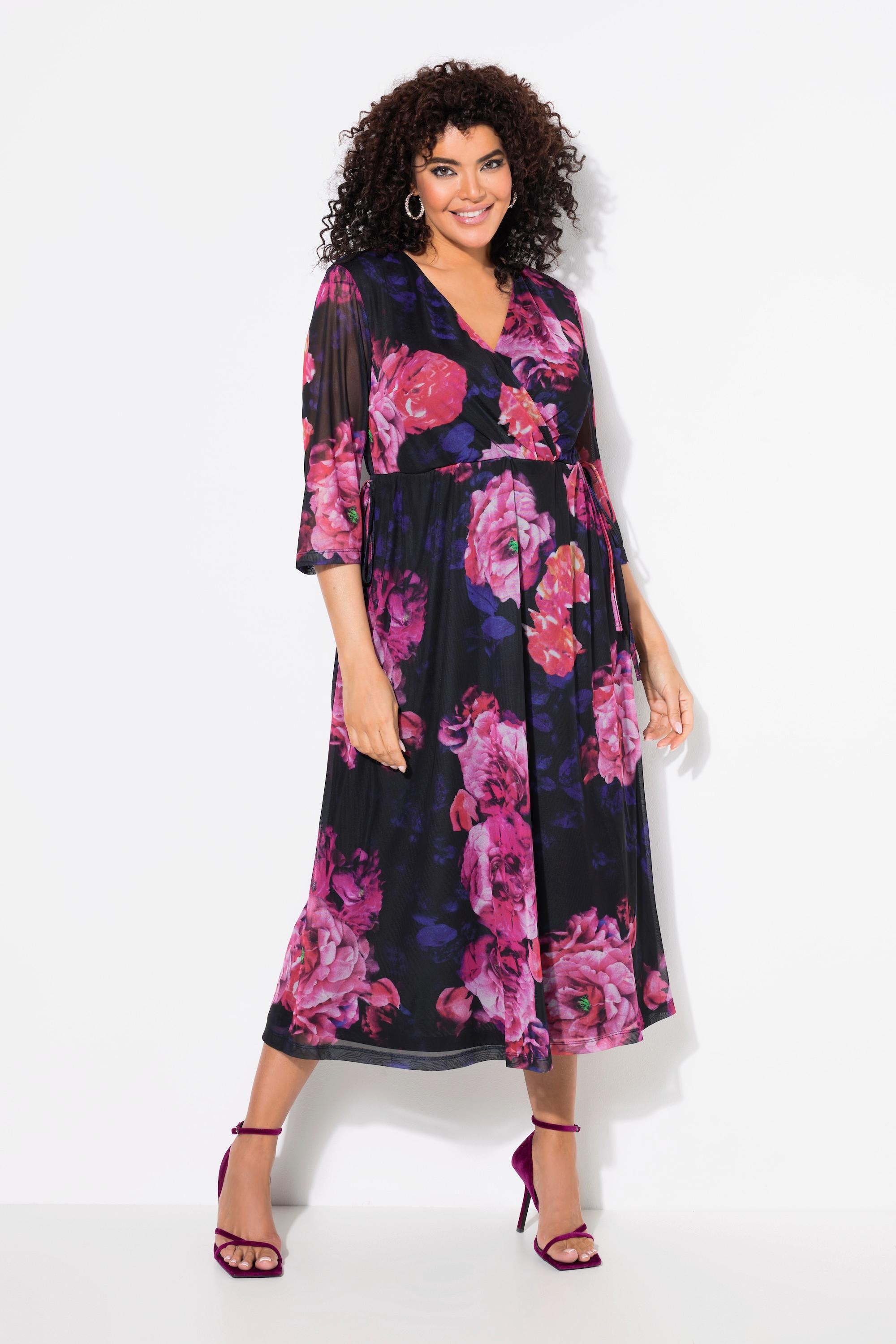 Ulla Popken  Robe maxi en mesh, motif floral, décolleté en V et manches courtes chauve-souris 