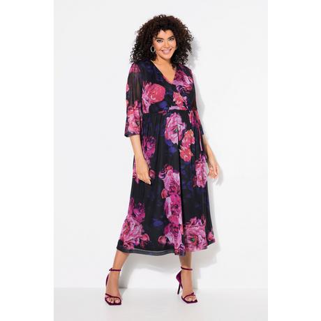 Ulla Popken  Robe maxi en mesh, motif floral, décolleté en V et manches courtes chauve-souris 