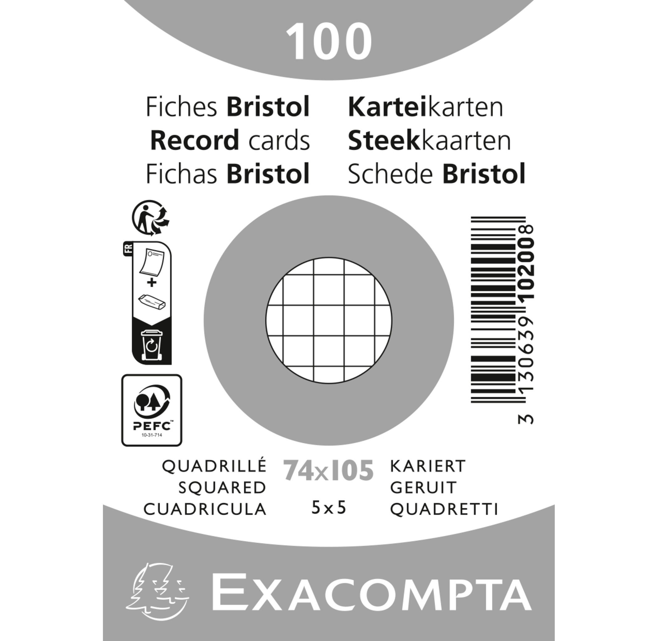 Exacompta Paquet 100 fiches sous film - bristol quadrillé 5x5 non perforé 74x105mm - x 40  