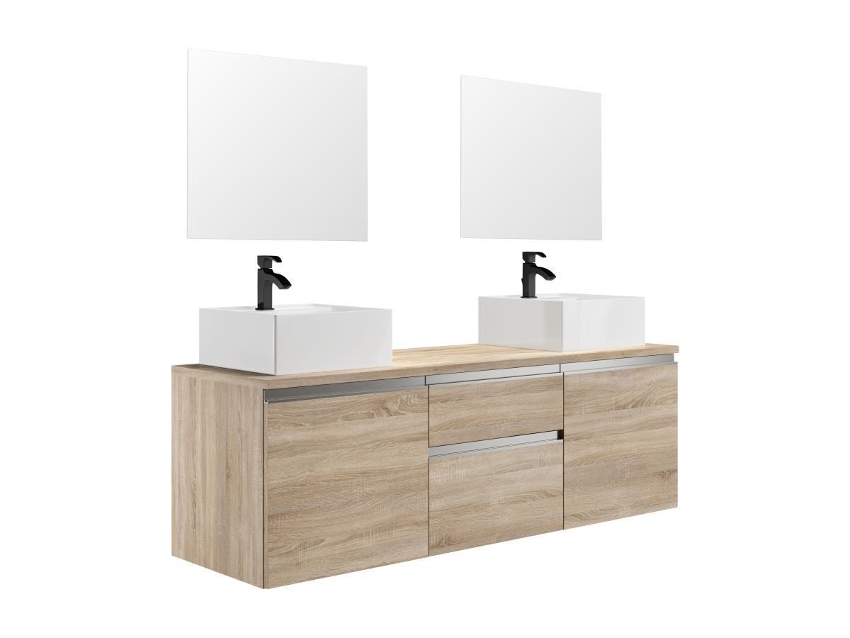 Vente-unique Mobile sospeso per bagno con doppio lavabo e specchi - Naturale chiaro - 150 cm - JIMENA II  