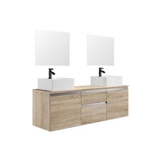 Vente-unique Mobile sospeso per bagno con doppio lavabo e specchi - Naturale chiaro - 150 cm - JIMENA II  