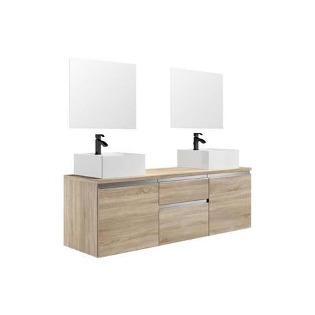 Vente-unique Mobile sospeso per bagno con doppio lavabo e specchi - Naturale chiaro - 150 cm - JIMENA II  