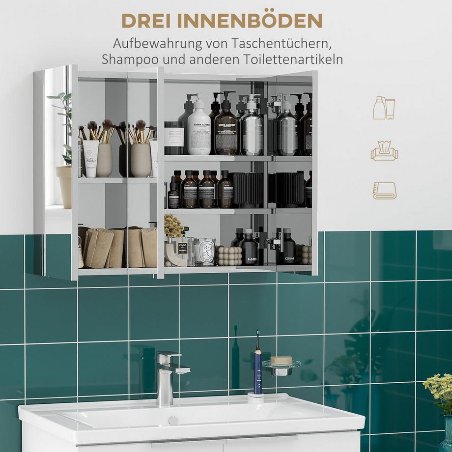 Northio  Armadietto Da Bagno Armadietto A Specchio Pensile Con 3 Ante In Vetro E 5 Ripiani, Acciaio Inossidabile, Argento, 70X12X55Cm 