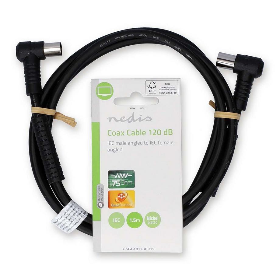 Nedis  Câble coaxial | IEC (Coax) mâle | IEC (Coax) femelle | Nickelé | 120 dB | 75 Ohm | Quatre blindages | 1,50 m | Rond | PVC | Noir | Etiquette 