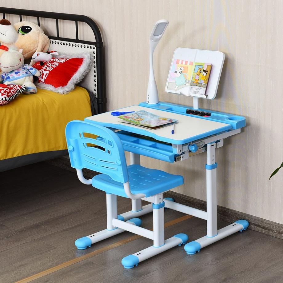 Northix Bureau enfant, inclinable, bureau étudiant avec lampe et chaise, couleurs au choix : bleu  
