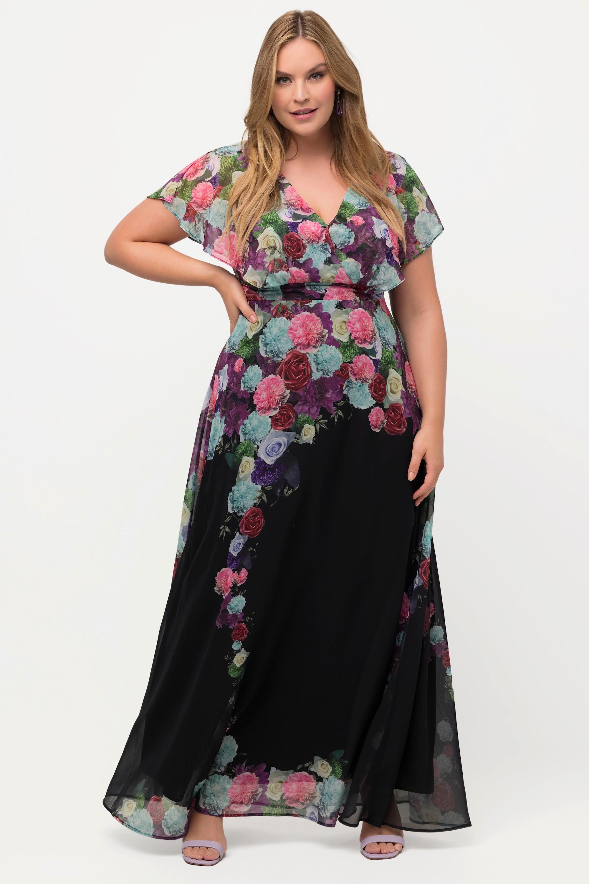 Ulla Popken  Robe maxi en mousseline à fleurs. Décolleté en V, manches courtes. 