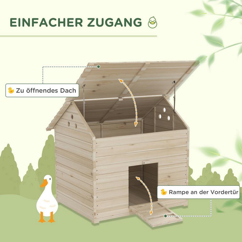 Northio  Entenhaus mit aufklappbarem Kippdach, Geflügelhaus mit erhöhten Boden und Rampe an der Vordertür, Entenstall aus Tannenholz, 100 x 82,5 x 91 cm 