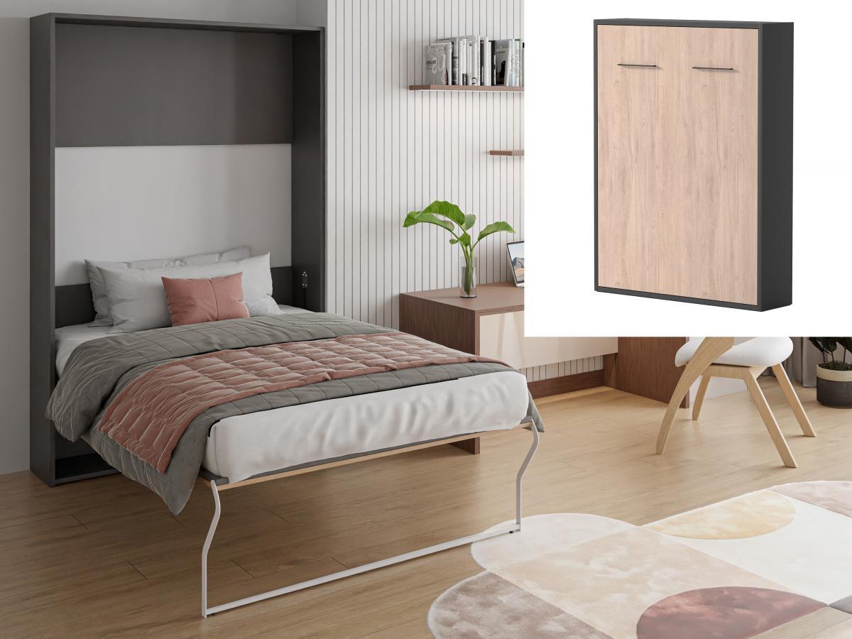 Vente-unique Letto a scomparsa Apertura verticale manuale 140 x 200 cm Naturale e Antracite + Materasso - MALINA II  