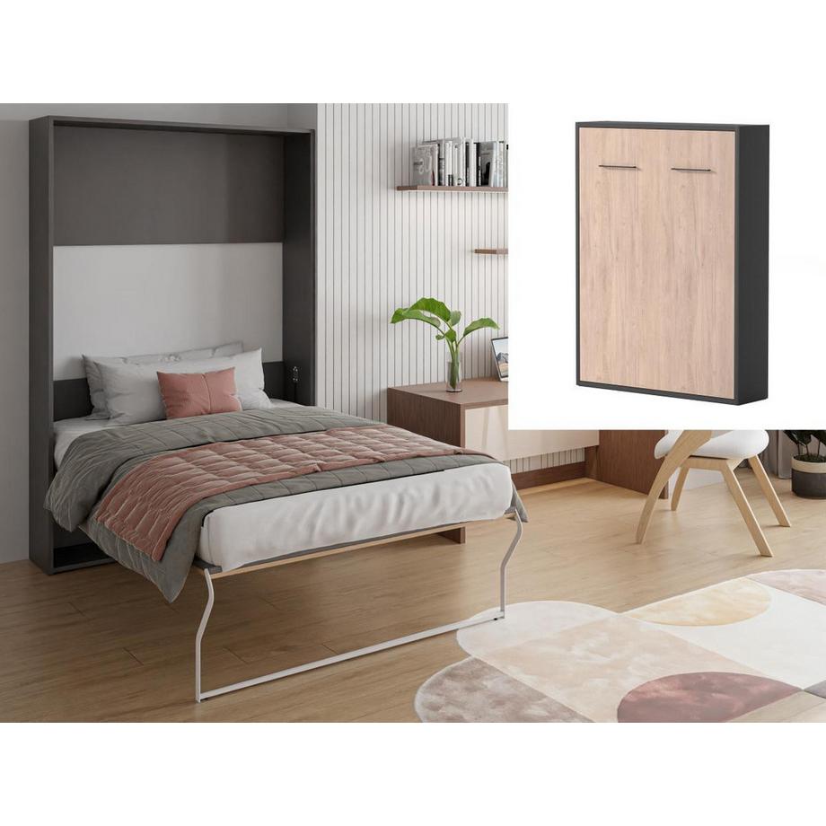 Vente-unique Lit escamotable 140 x 200 cm - Ouverture verticale manuelle - Coloris : Naturel et anthracite + Matelas - MALINA II  