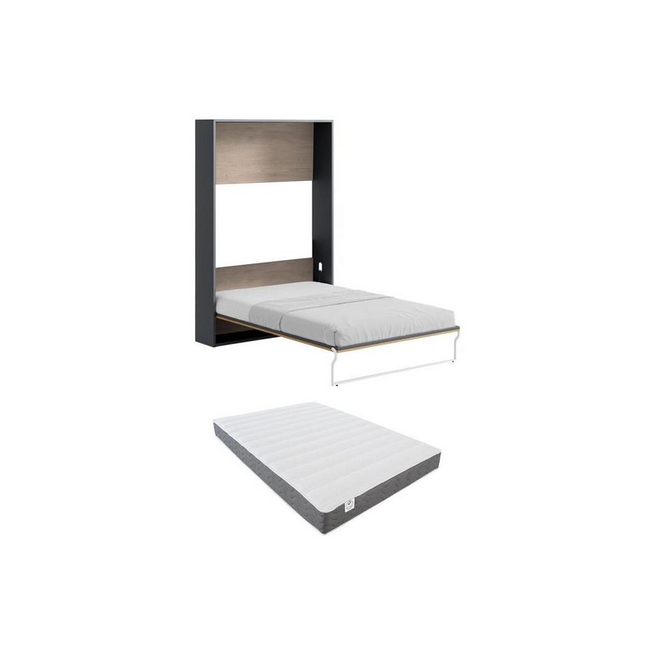 Lit escamotable 140 x 200 cm - Ouverture verticale manuelle - Coloris : Naturel et anthracite + Matelas - MALINA II