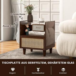 Northix Comodino in bambù e rattan con cassetto e gambe in legno massello. Tavolino con vano portaoggetti nascosto. Marrone  