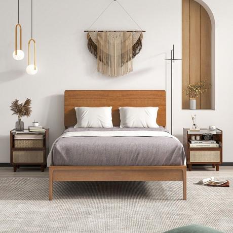 Northix Comodino in bambù e rattan con cassetto e gambe in legno massello. Tavolino con vano portaoggetti nascosto. Marrone  