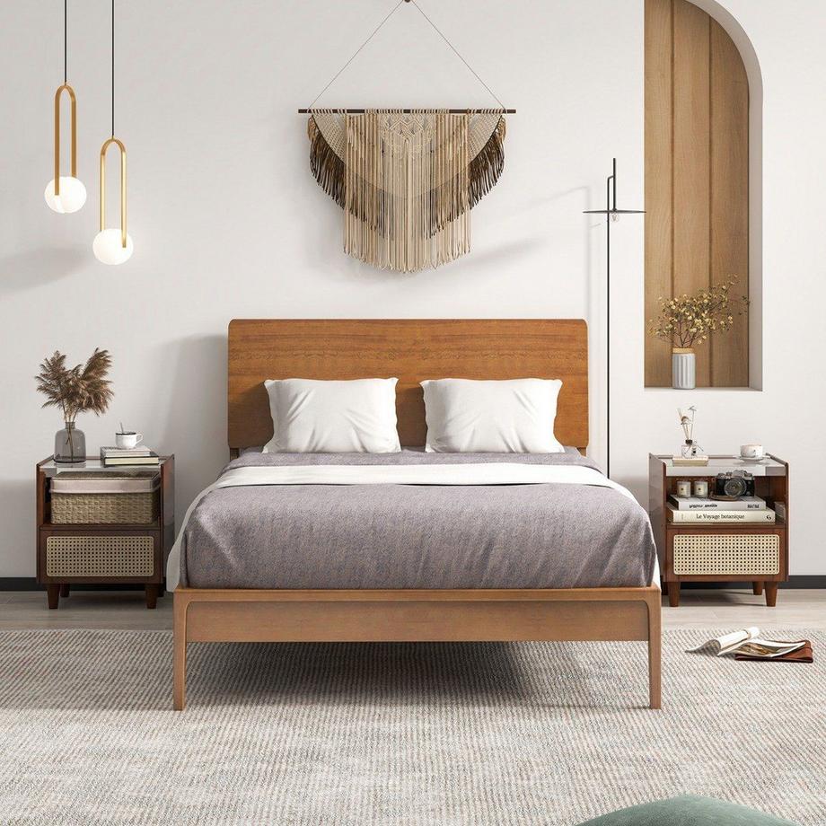 Table de chevet en bambou et rotin avec tiroir et pieds en bois massif. Table d'appoint avec rangement dissimulé. Marron