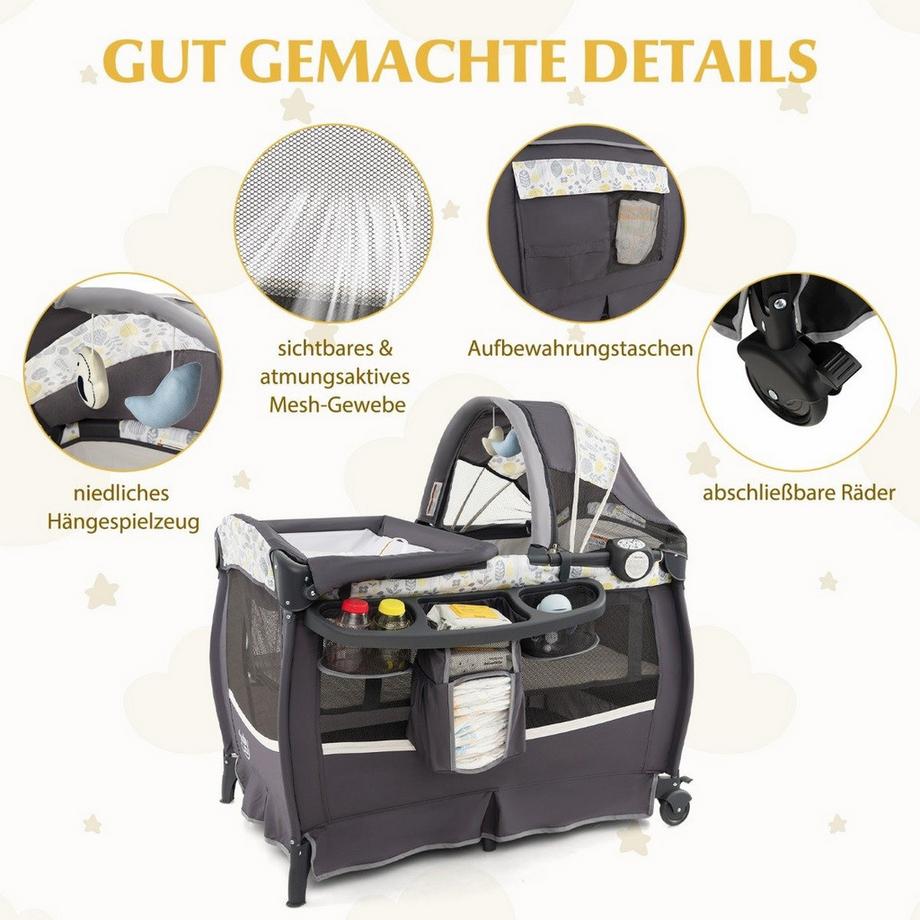 Northix  4 in 1 Reisebett mit Matratze Beistellbett klappbar mit verstellbaren Vordach Blätter 