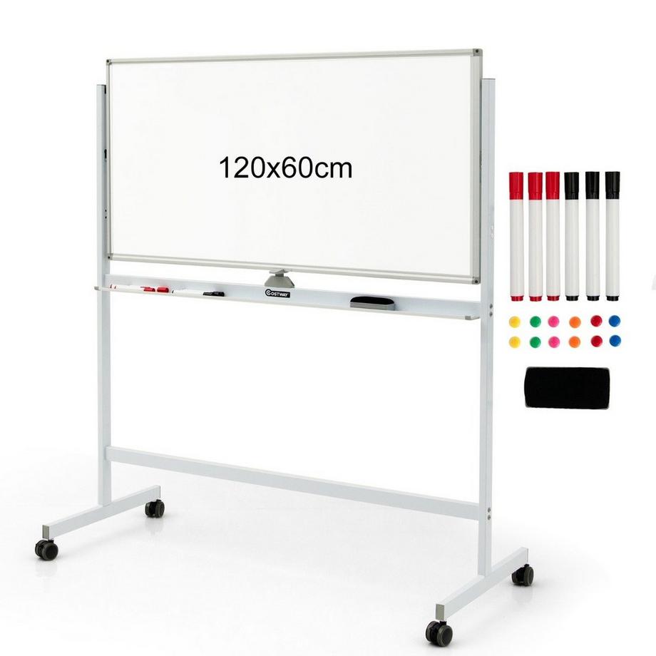 Northix  Doppelseitiges magnetisches mobiles Whiteboard verstellbare trocken abwischbare Tafel auf Rädern Weiß 