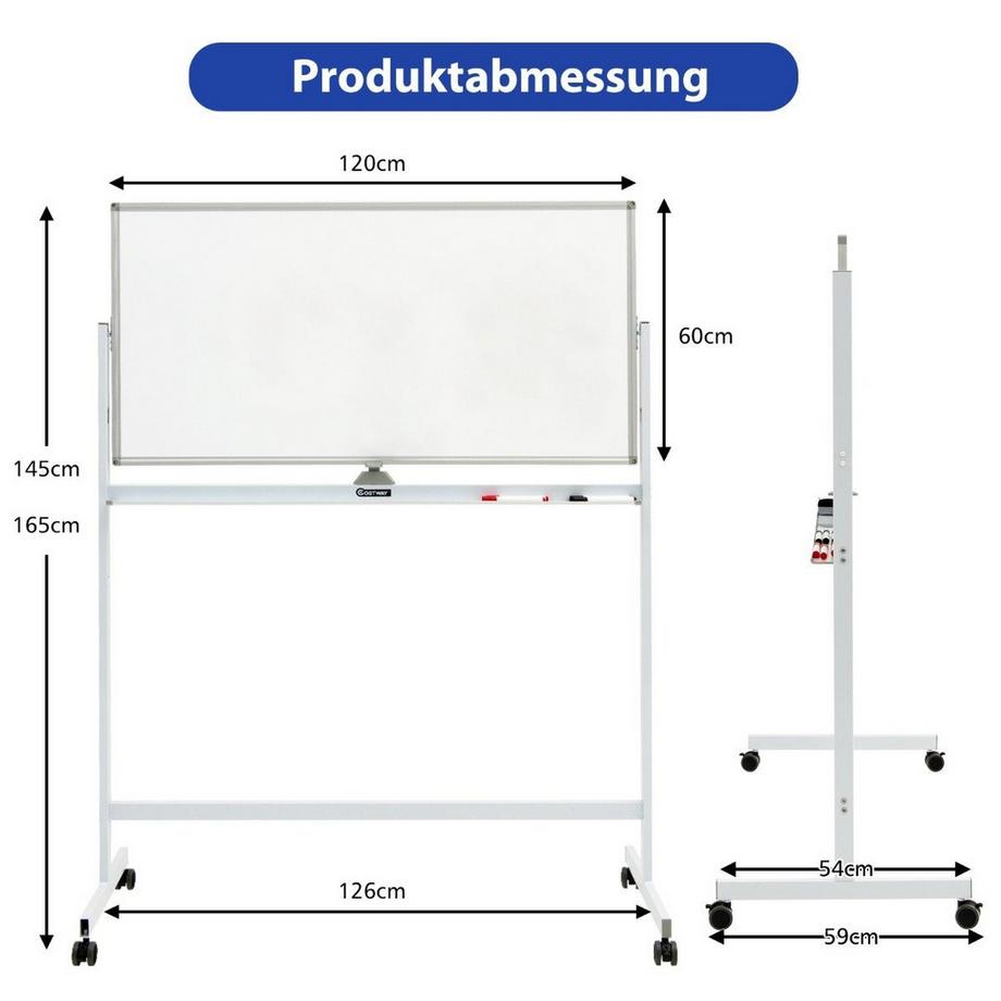 Northix  Doppelseitiges magnetisches mobiles Whiteboard verstellbare trocken abwischbare Tafel auf Rädern Weiß 