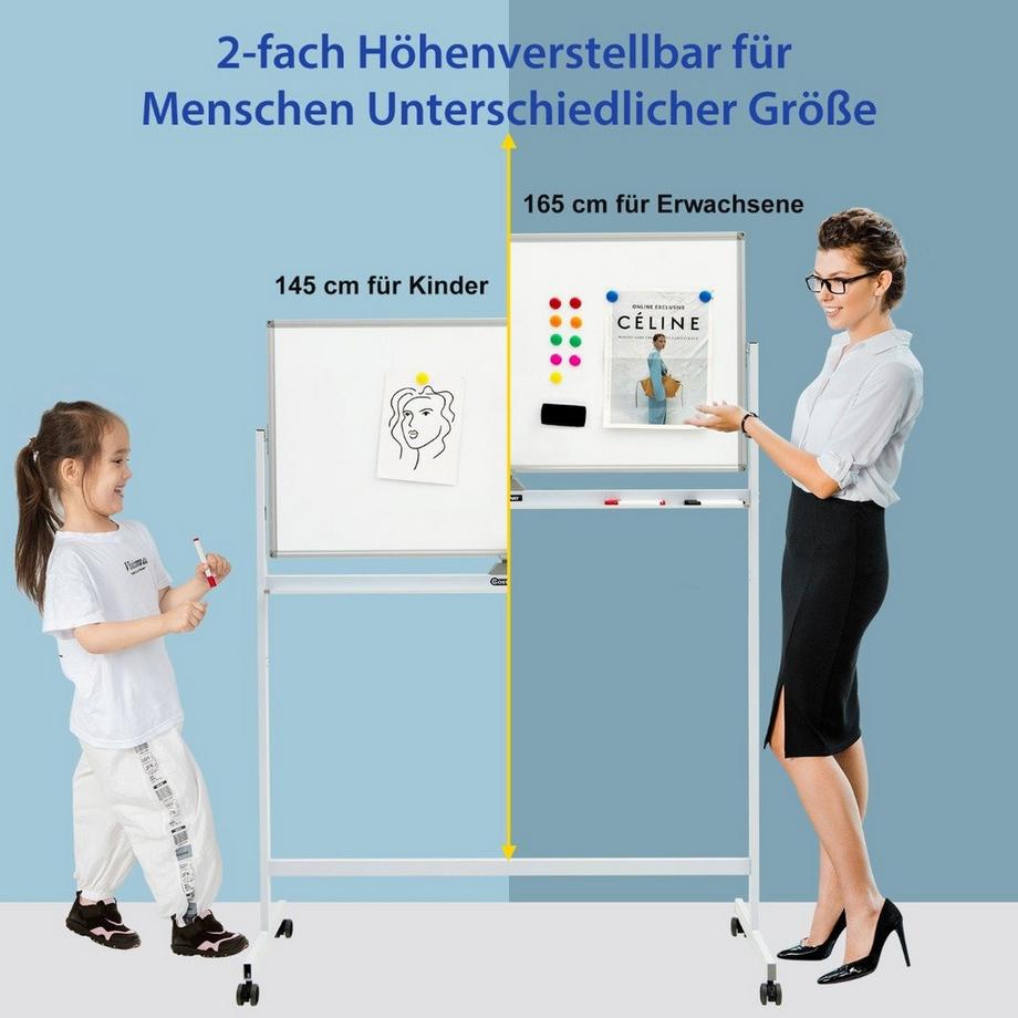 Northix  Doppelseitiges magnetisches mobiles Whiteboard verstellbare trocken abwischbare Tafel auf Rädern Weiß 