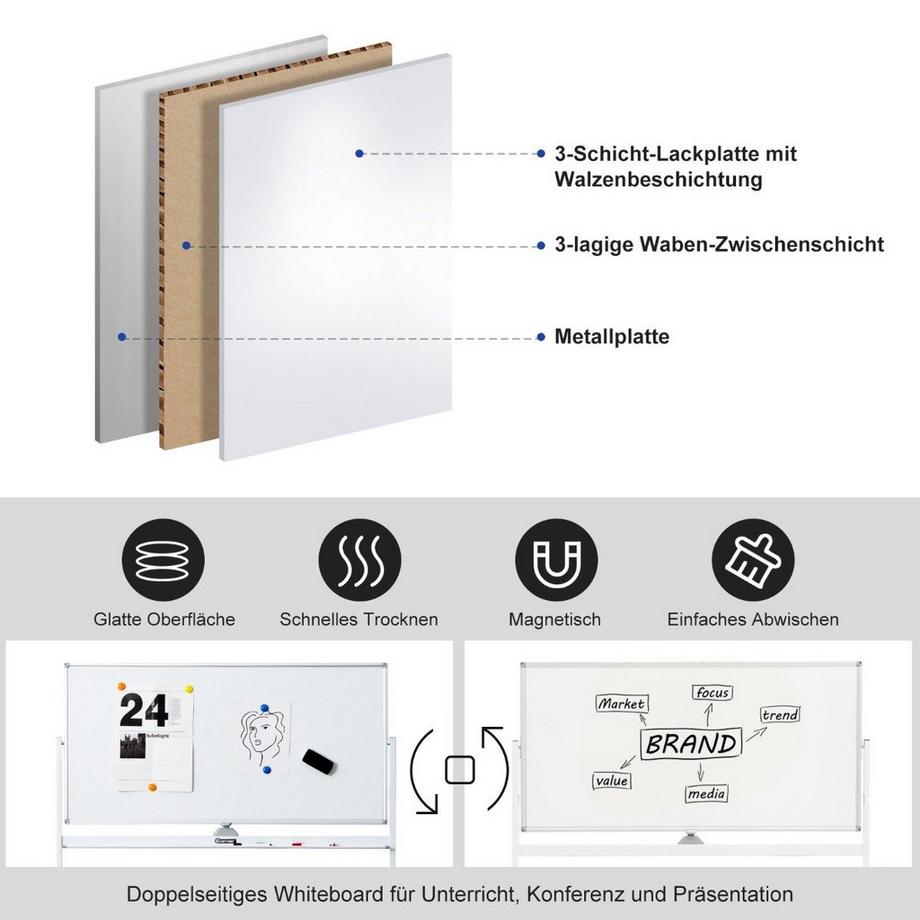 Northix  Doppelseitiges magnetisches mobiles Whiteboard verstellbare trocken abwischbare Tafel auf Rädern Weiß 